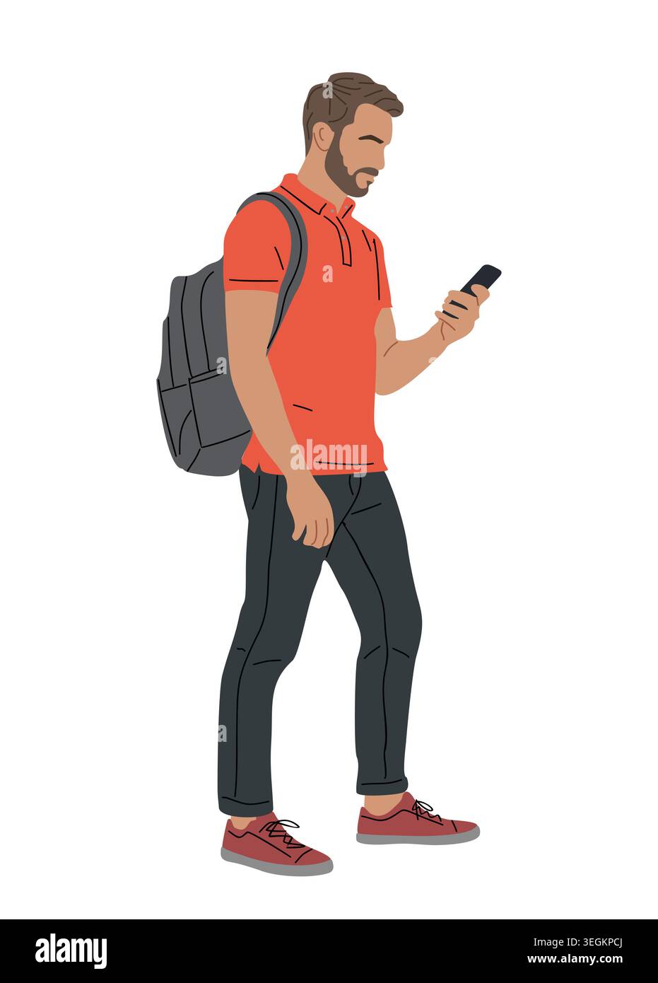 Man walks, phone in hand, backpack on shoulder Stock Vector