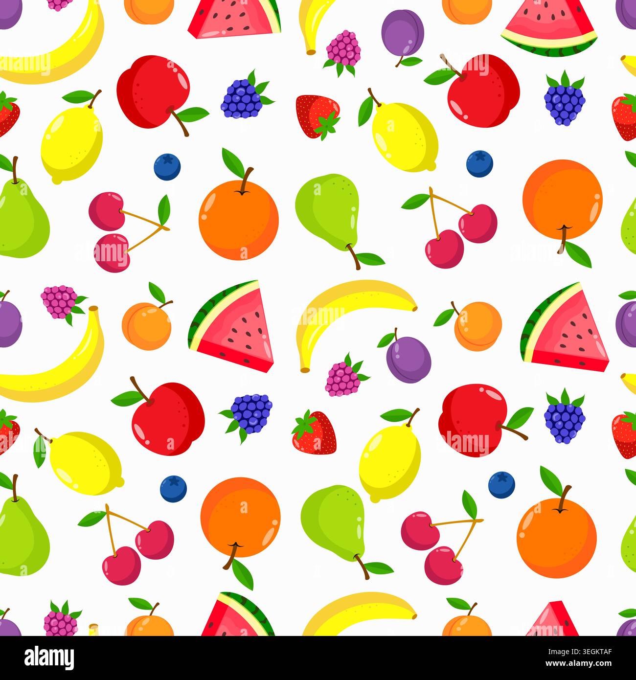Fruits and berries colorful seamless pattern on white background. Vector design. Stock Vector