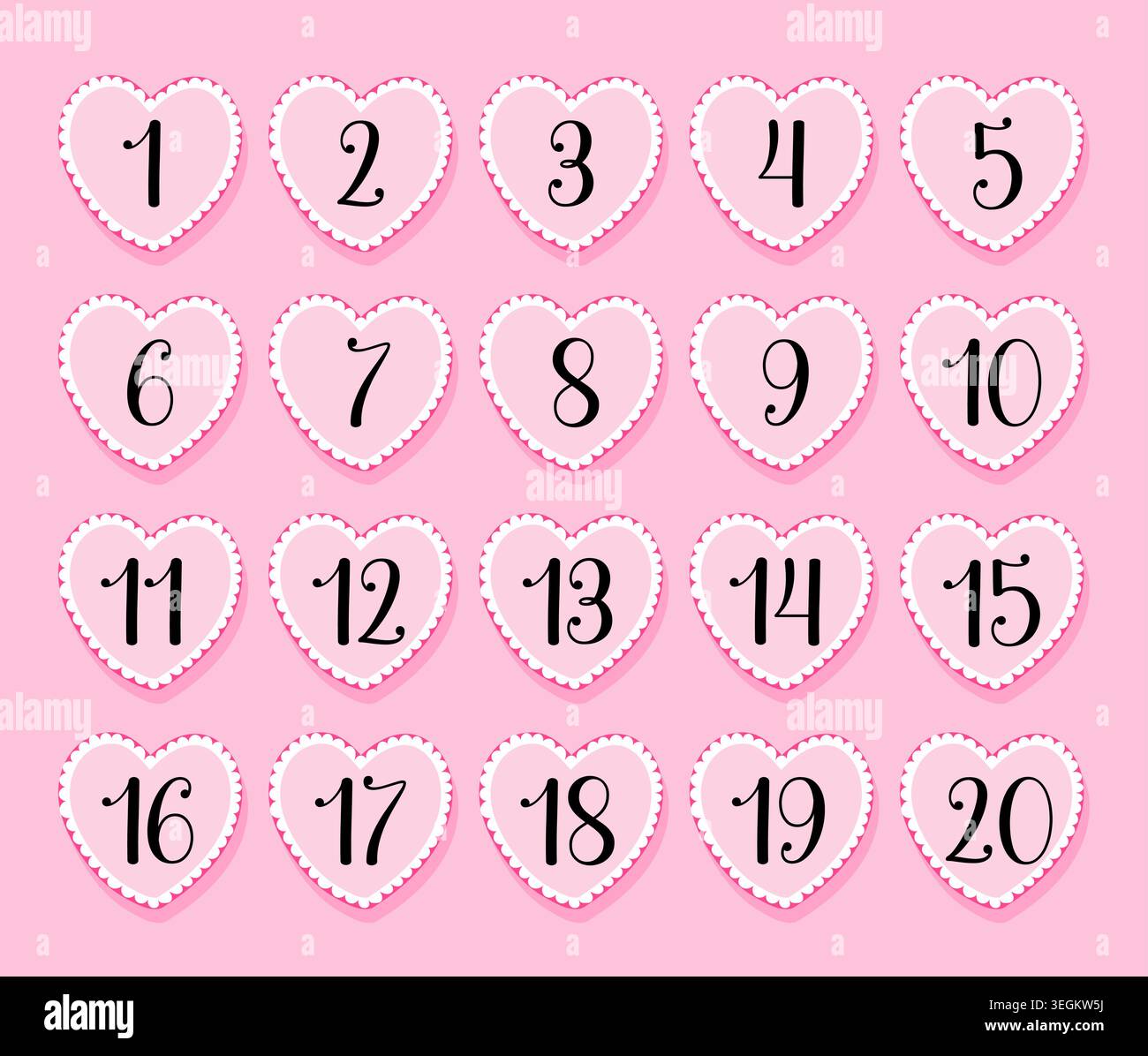 Cute pink hearts with numbers.Vector design. Stock Vector