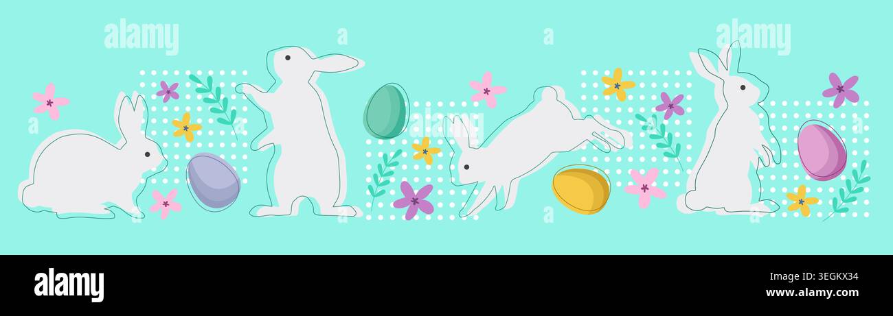 Easter background with rabbits, eggs and flowers. Vector design. Stock Vector