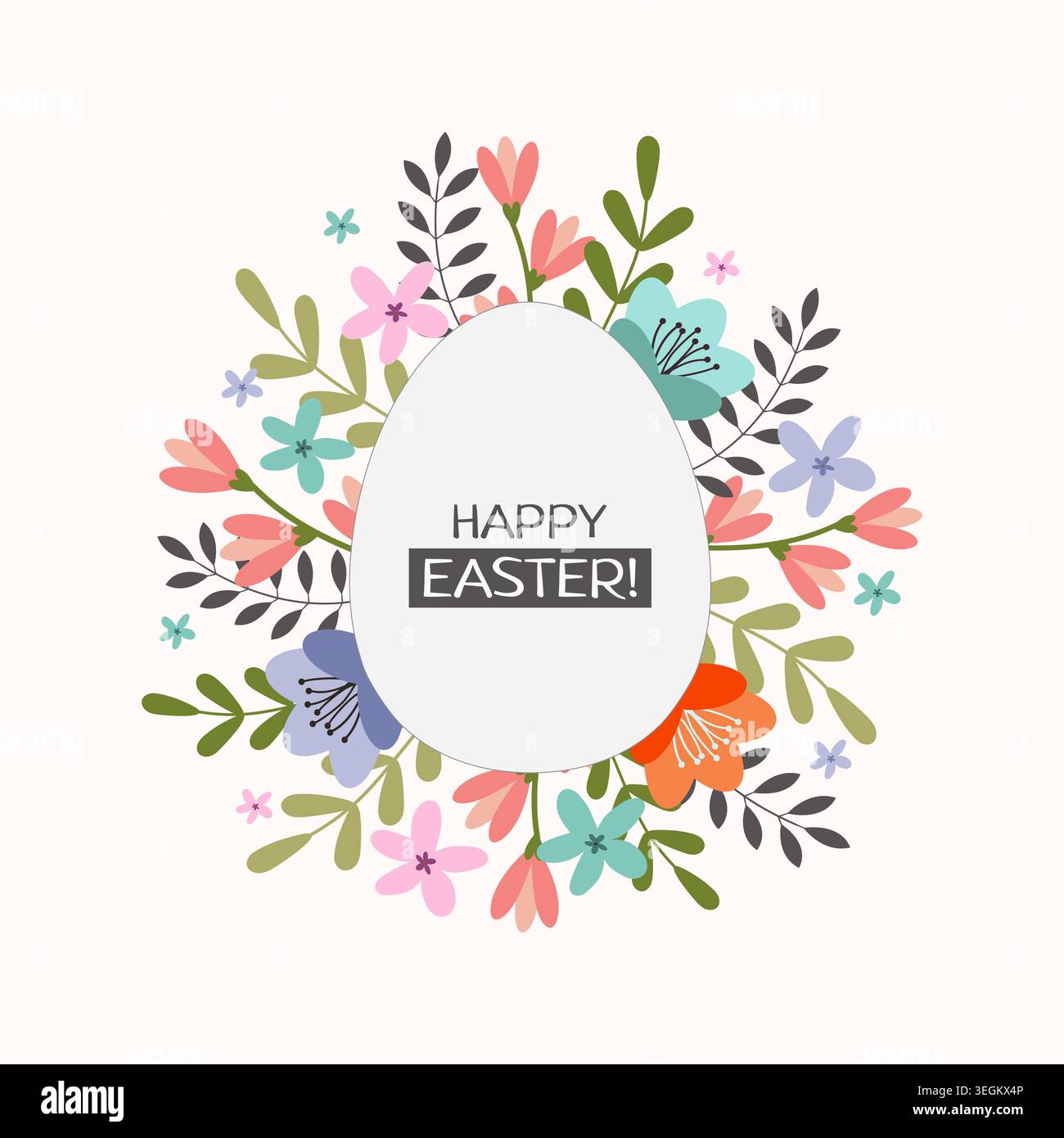 Easter egg and flowers around. Isolated on white background. Vector design. Stock Vector