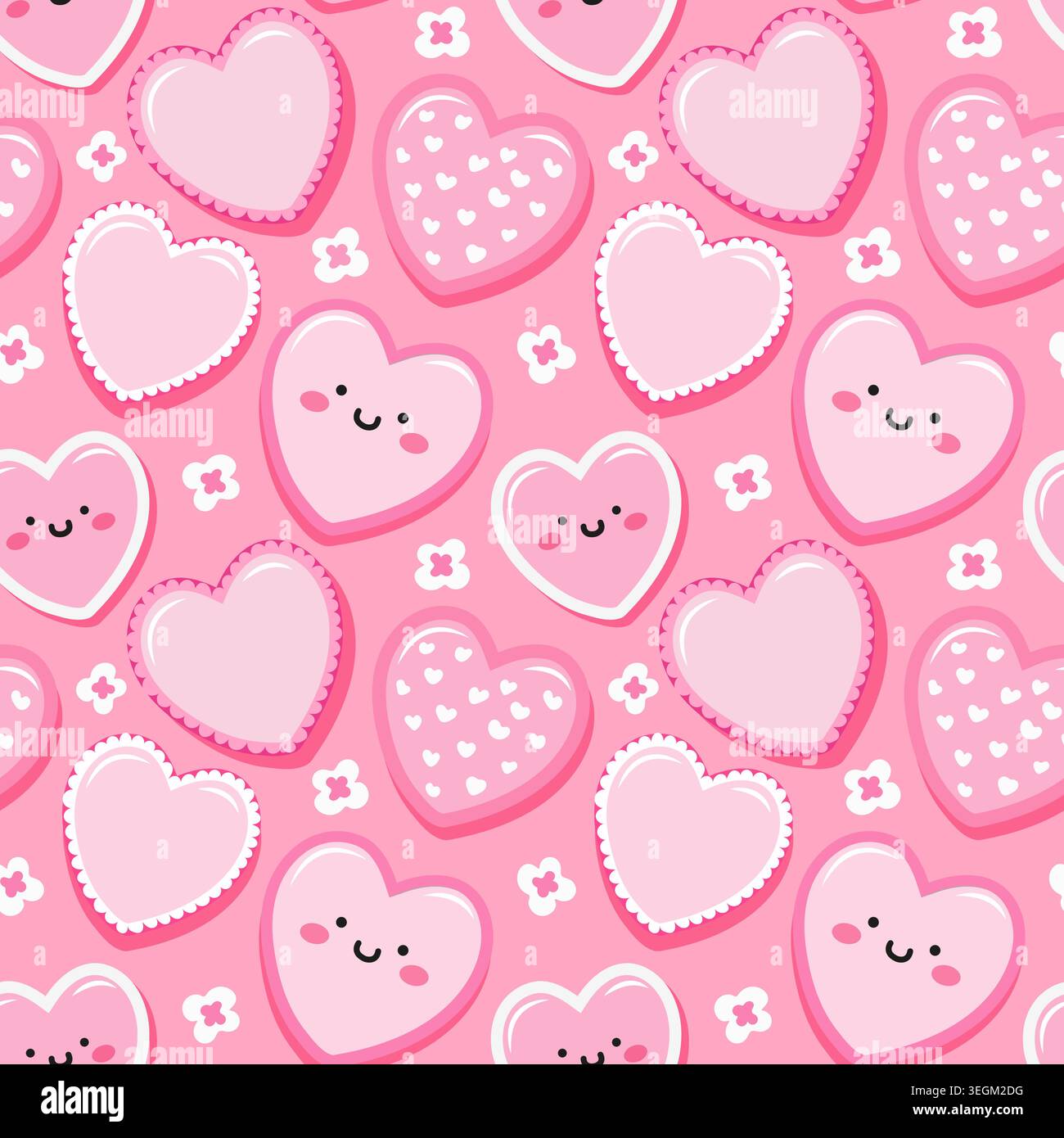 Cute hearts seamless pattern on pink background with tiny flowers. Vector design. Stock Vector