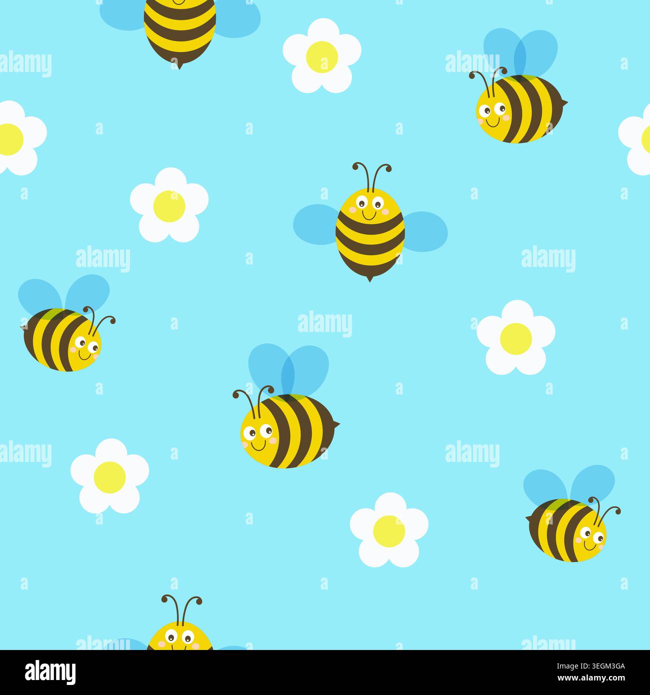 Bees and flowers seamless pattern. Flat design. Vector illustration. Stock Vector