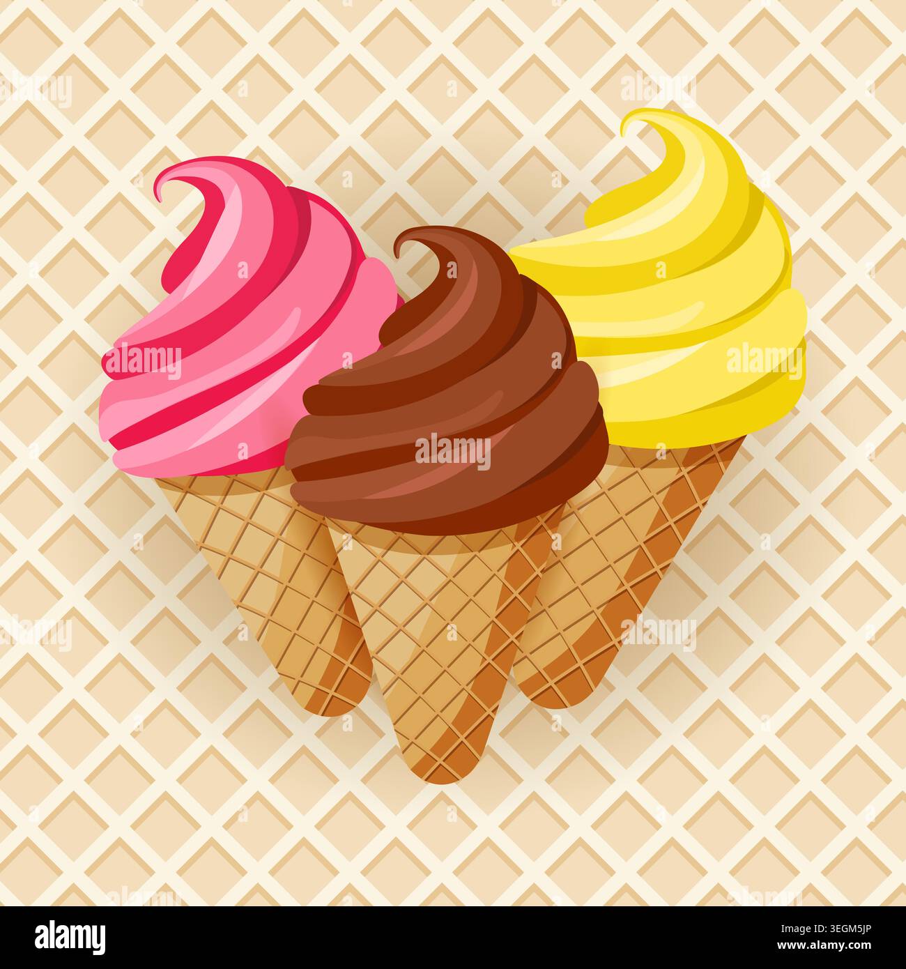 Ice cream cones poster on a waffle background. Vector design. Stock Vector