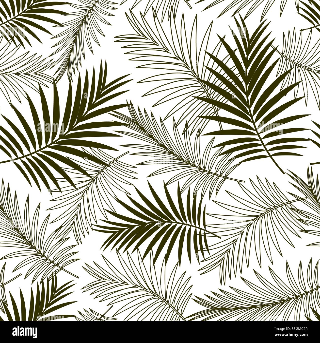 Palm leaves monochrome seamless pattern on a white background. Vector design. Stock Vector
