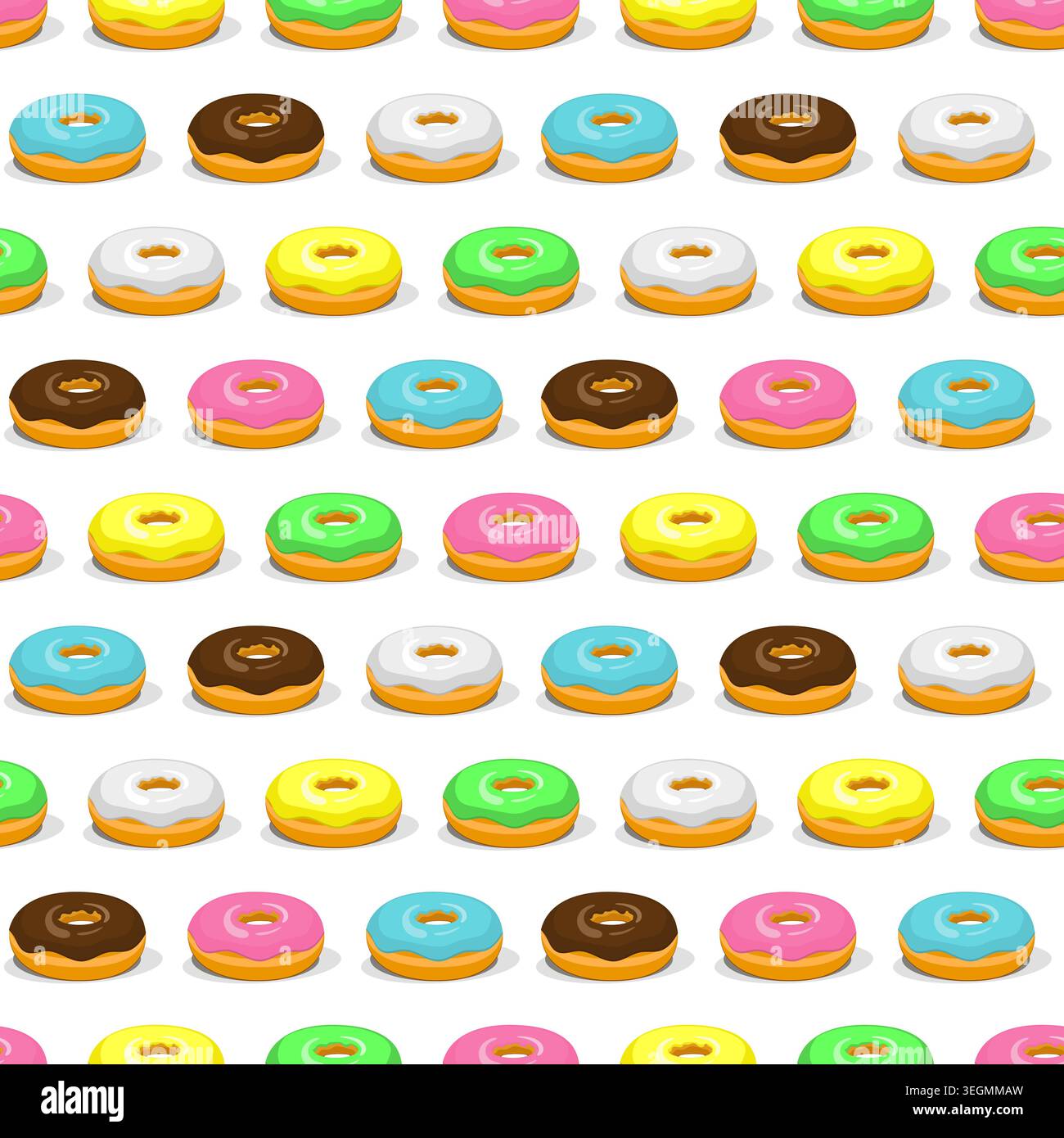 Donuts with colorful icing seamless pattern on white background. Vector design. Stock Vector