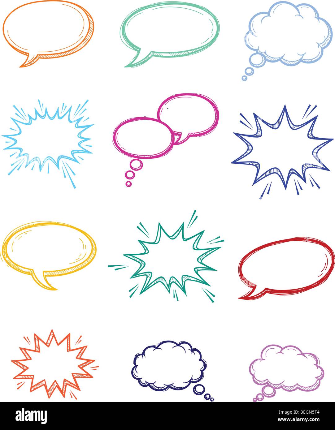Collection of hand drawn speech bubbles and comic style explosion shapes. Stock Vector