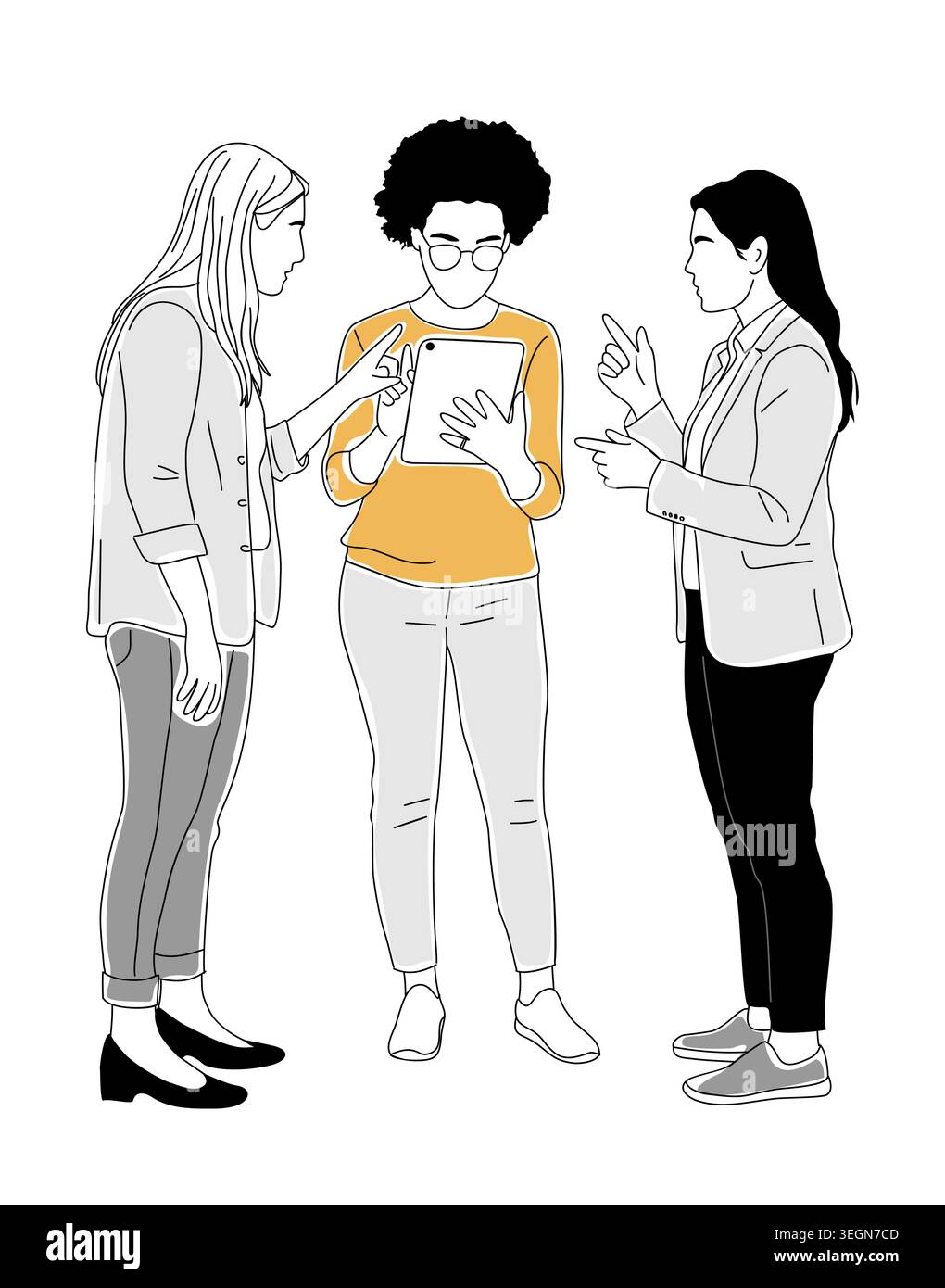 Three women discuss documents in a casual office Stock Vector