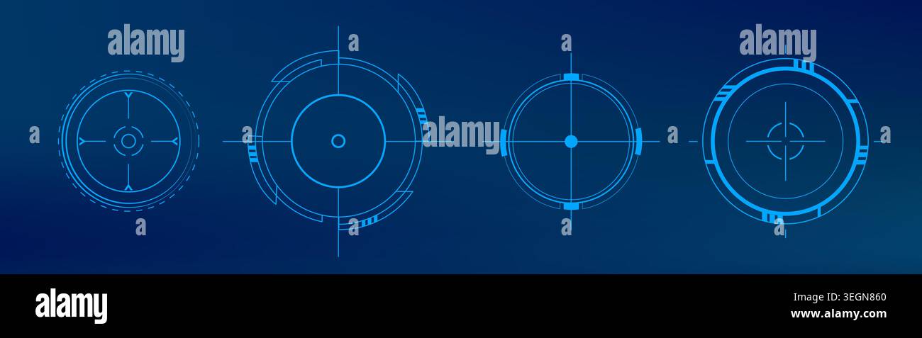 Futuristic hud circles with glowing digital frame, neon target interface, abstract vector illustrations isolated on background. High tech game screen elements for sci-fi design projects Stock Vector