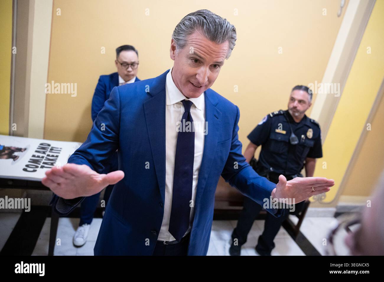 California Gov. Gavin Newsom speaks with reporters at the U.S. Capitol ...