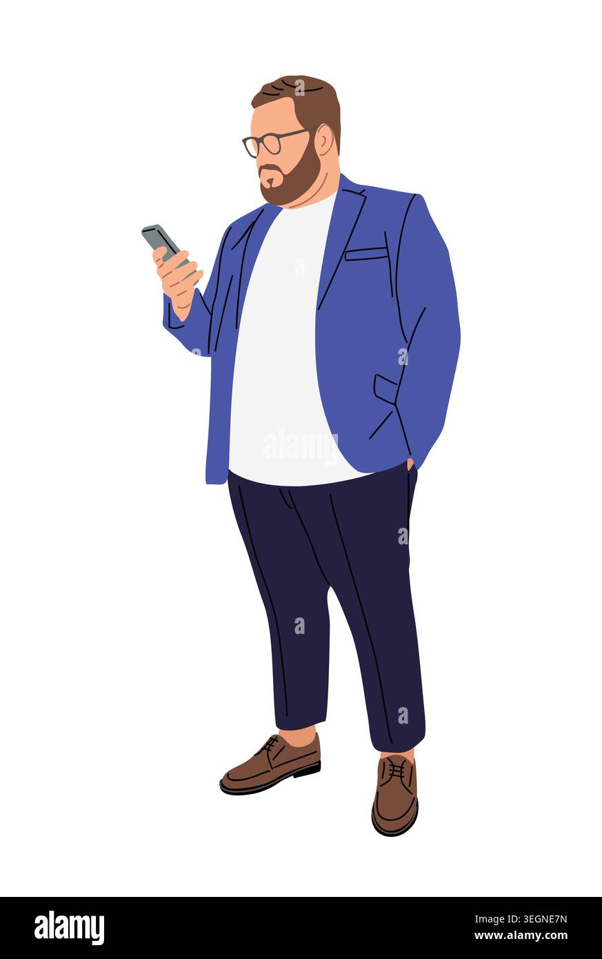 Plus size Man stands confidently holding a phone Stock Vector