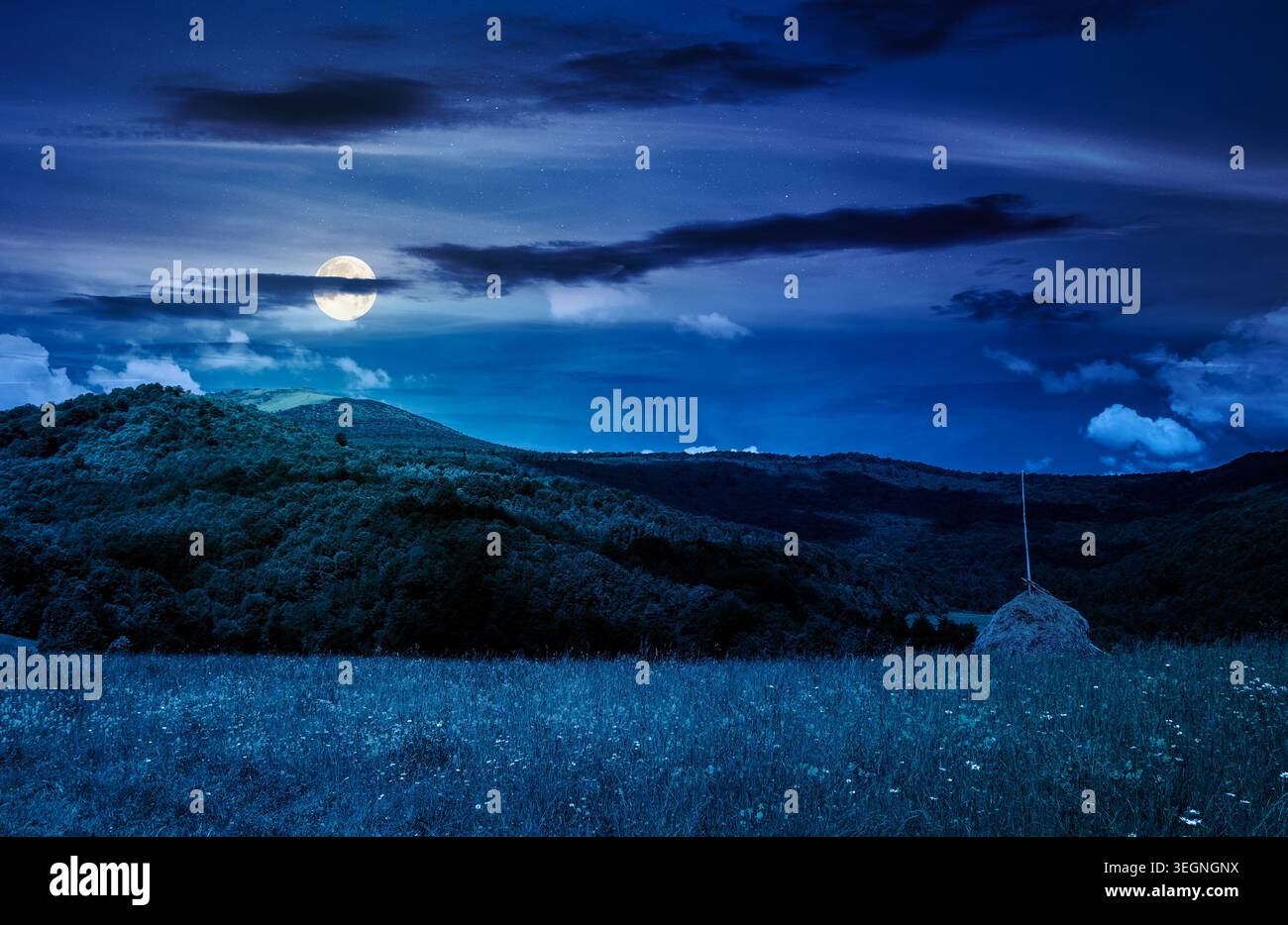 rural fields near pikui mountain in summertime at night. full moon over beautiful view of agricultural area. gorgeous mountain ridge with haystack on Stock Photo