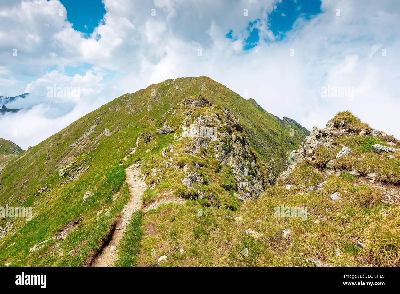 romania mountain scenery in summer. gorgeous mountainous landscape of carpathians. background with rocky cliffs and grassy hillsides under a cloudy sk Stock Photo