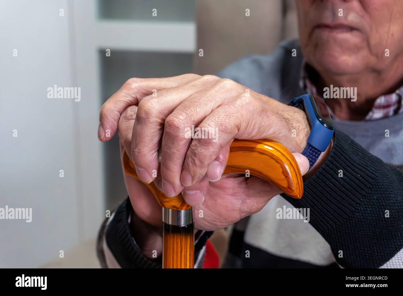 Senior man hands holding walking stick Stock Photo