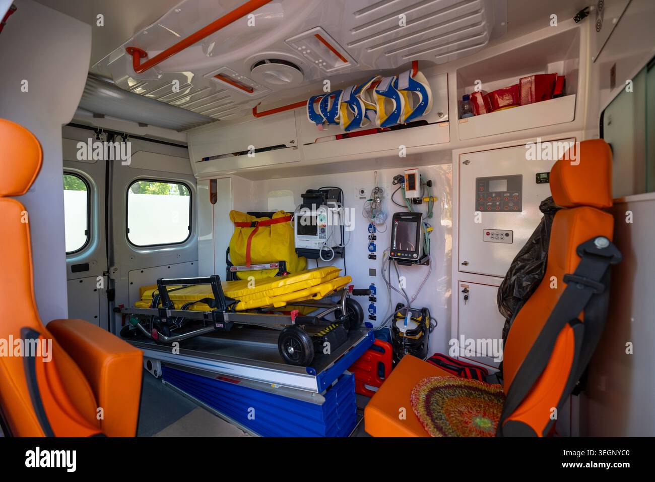 Interior view of a modern emergency response ambulance equipped with ...