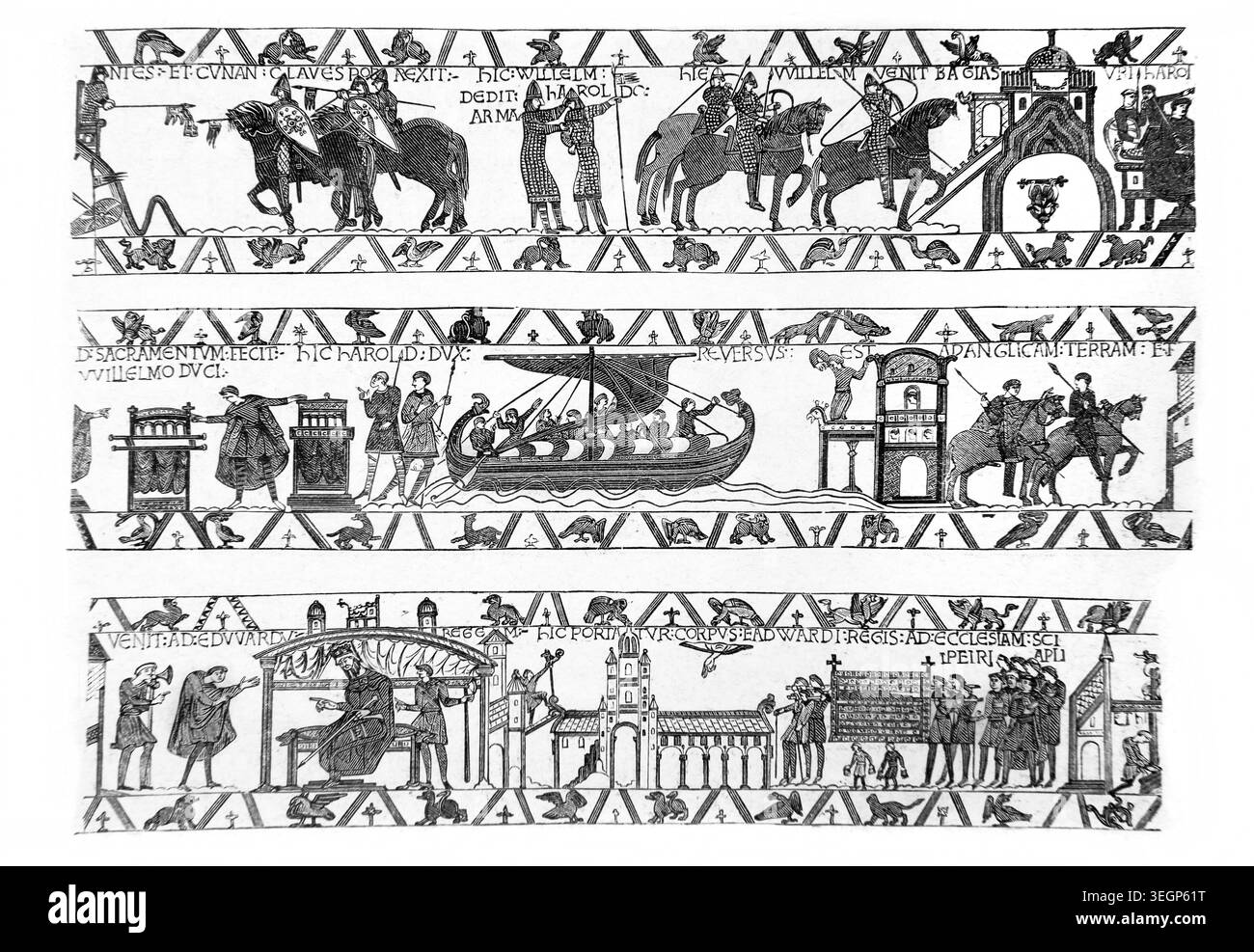 Engraving Showing Part of the Bayeux Tapestry depicting Harold ...