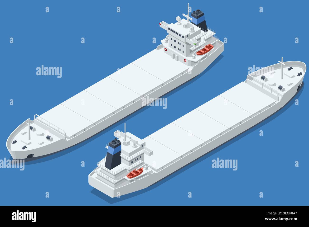 Isometric cargo ship shown from multiple angles on blue background ...