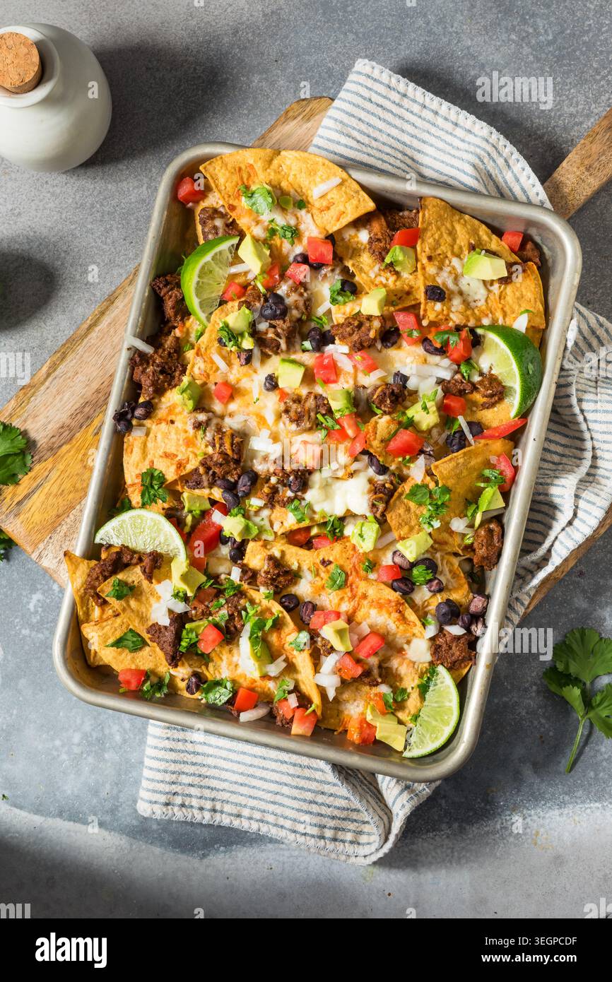 Homemade Mexican Beef Birria Nachos with Cheese Beans and Avocado Stock Photo