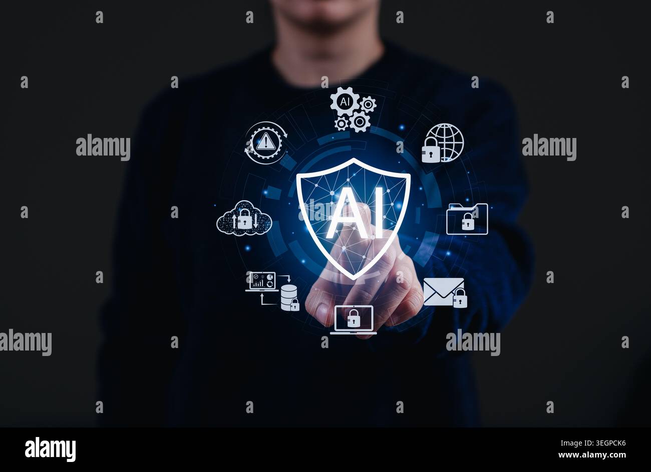 AI cybersecurity protection and data privacy shield concept. Person touching AI security interface with lock icons, cloud, email, database, network Stock Photo