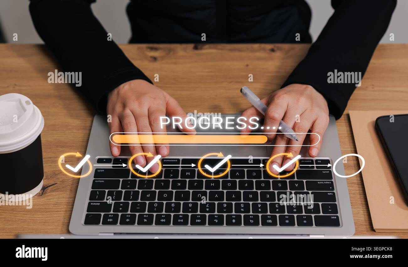 Project progress tracking and task completion workflow concept. Person using laptop with virtual progress bar, check marks, checklist, Stock Photo