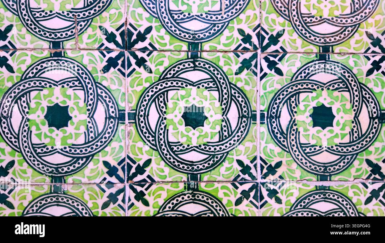 A repetitive grid of traditional ceramic azulejo tiles featuring ...