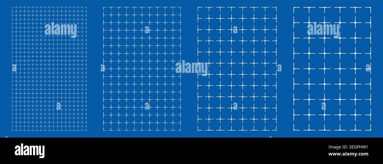 Blueprint grid set Star rounded geometry, four scale variations. Wide medium dense micro spacing comparison, engineering layouts dashboards notebook pages interface planning systems technology graphic Stock Vector