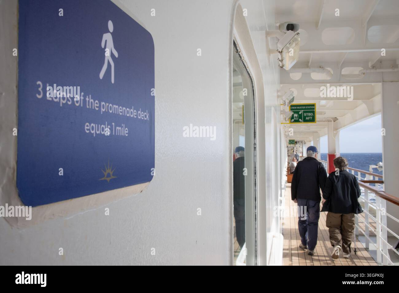 Distance marker on cruise ship promenade deck indicates that 3 laps equals one mile Stock Photo