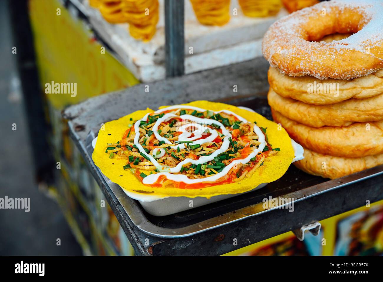 Traditional Vietnamese street food rice paper pizza banh trang nuong ...