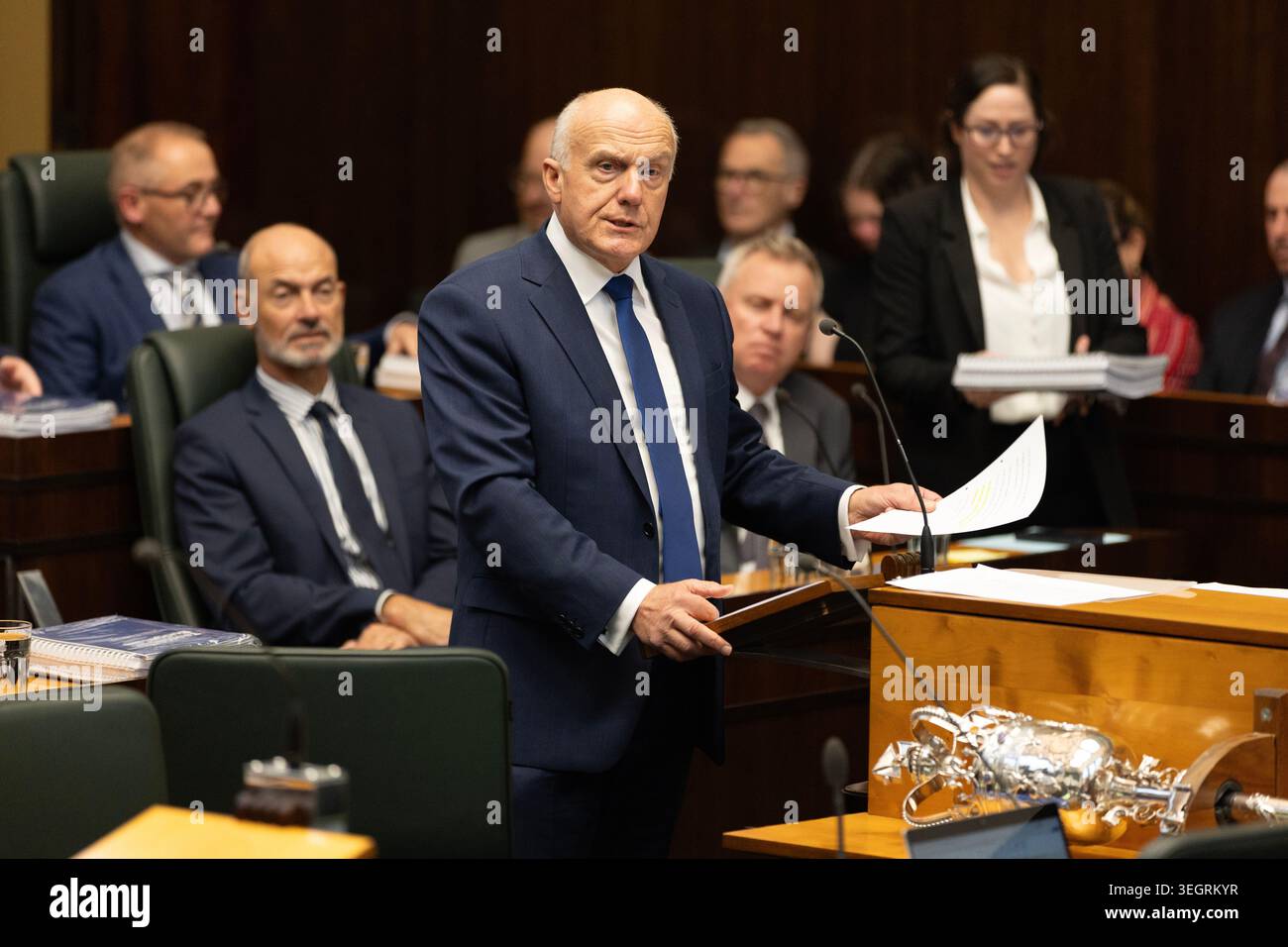 Tasmanian Treasurer Eric Abetz during his budget speech at Parliament ...