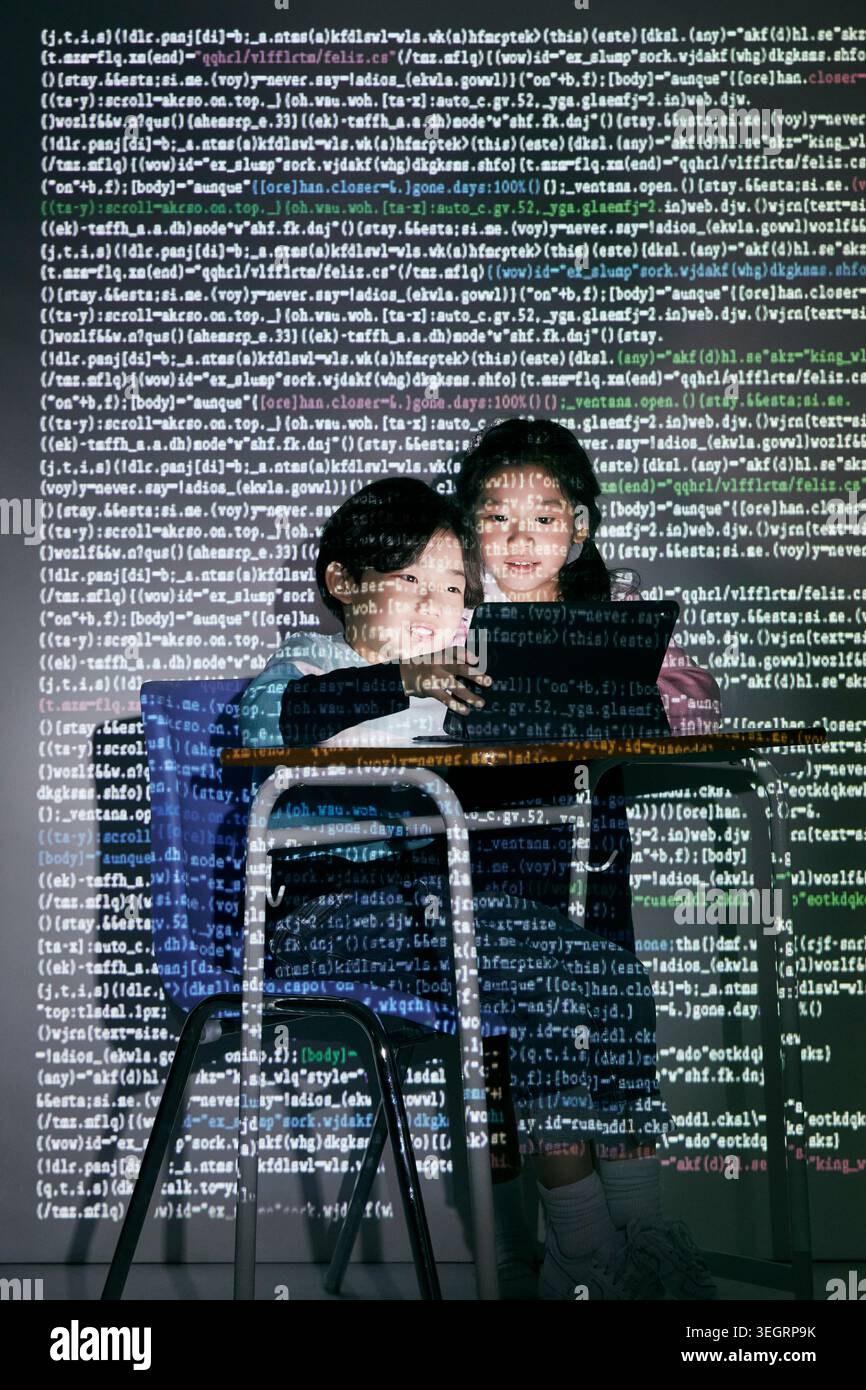 Two students in a darkened classroom, using a laptop to explore a code-heavy website. Stock Photo