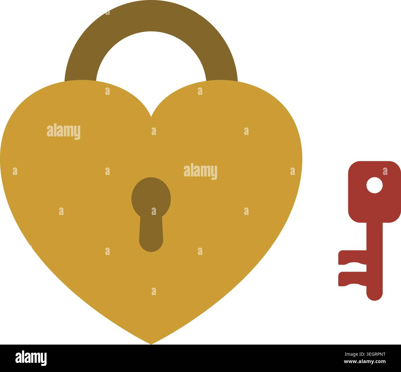 Simple illustration of a golden heart shaped padlock with a small red key placed beside it Stock Vector