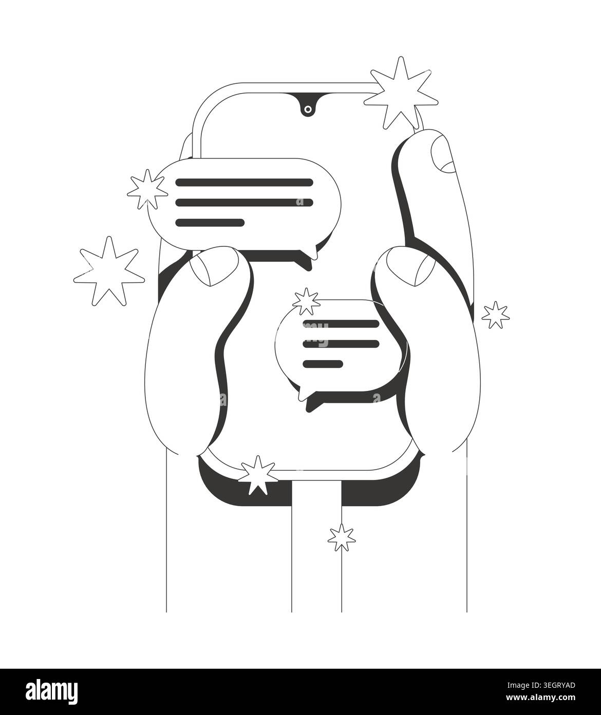 Thumb scrolling gesture on phone messaging line neo brutalism tutorial graphic Stock Vector