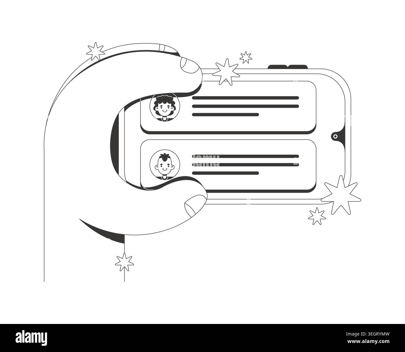 Holding phone horizontally with chat interface line neo brutalism tutorial graphic Stock Vector