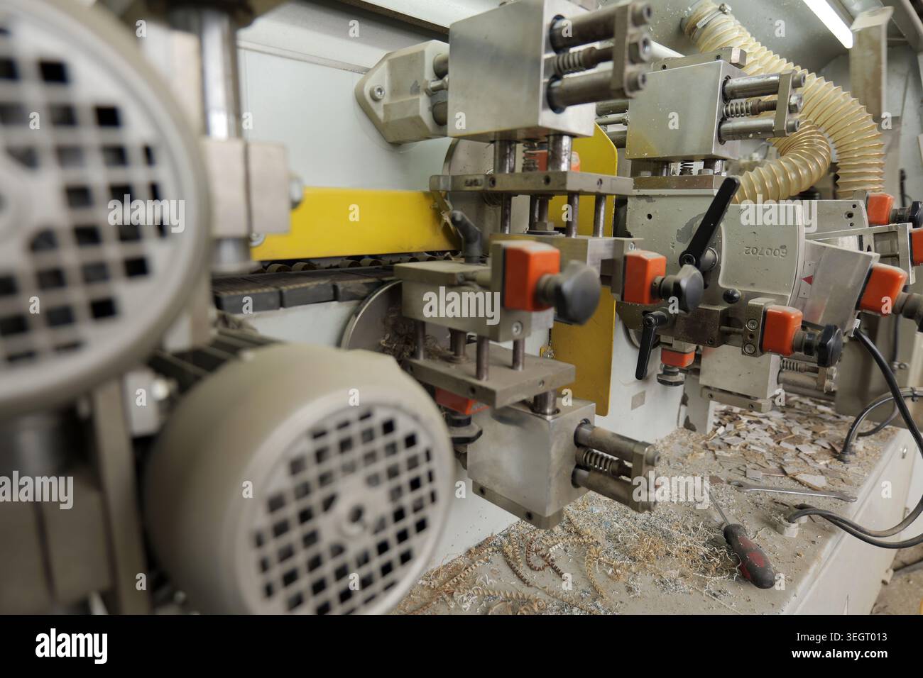 Industrial woodworking machinery processing timber and creating wood ...