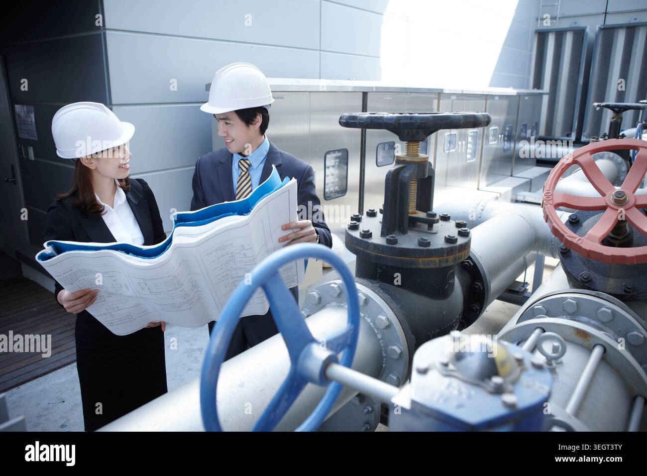 Architects talking while holding blueprints Stock Photo