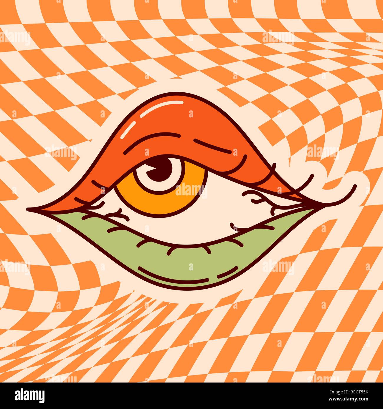Groovy psychedelic eye with wavy orange checkerboard background. Stock Vector