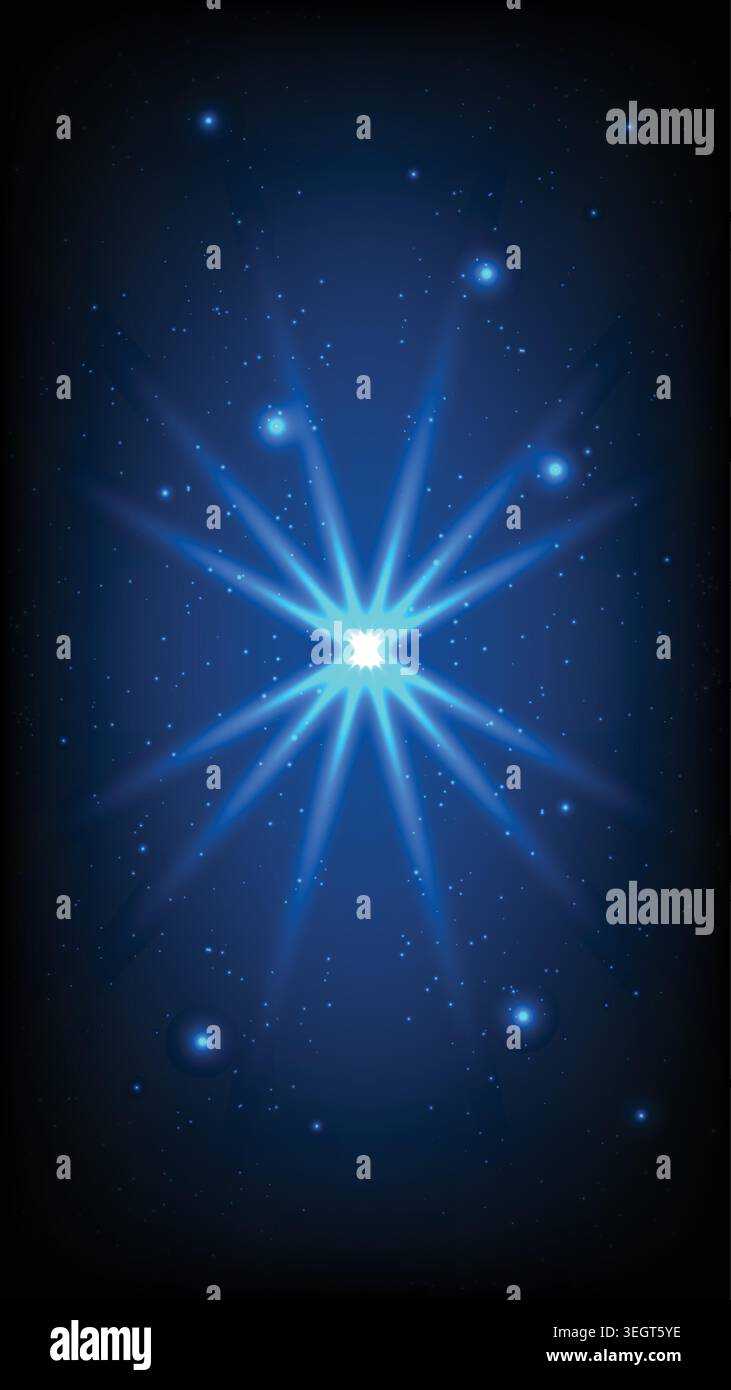 A central starburst light effect with multiple rays against a dark, starry and deep blue background Stock Vector