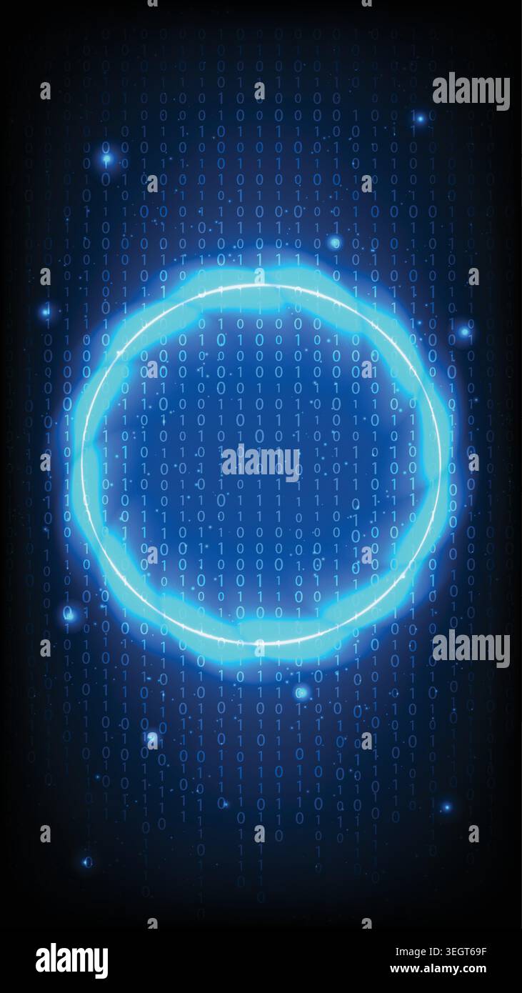 A futuristic bright glowing circle frame on a dark digital background with binary code Stock Vector