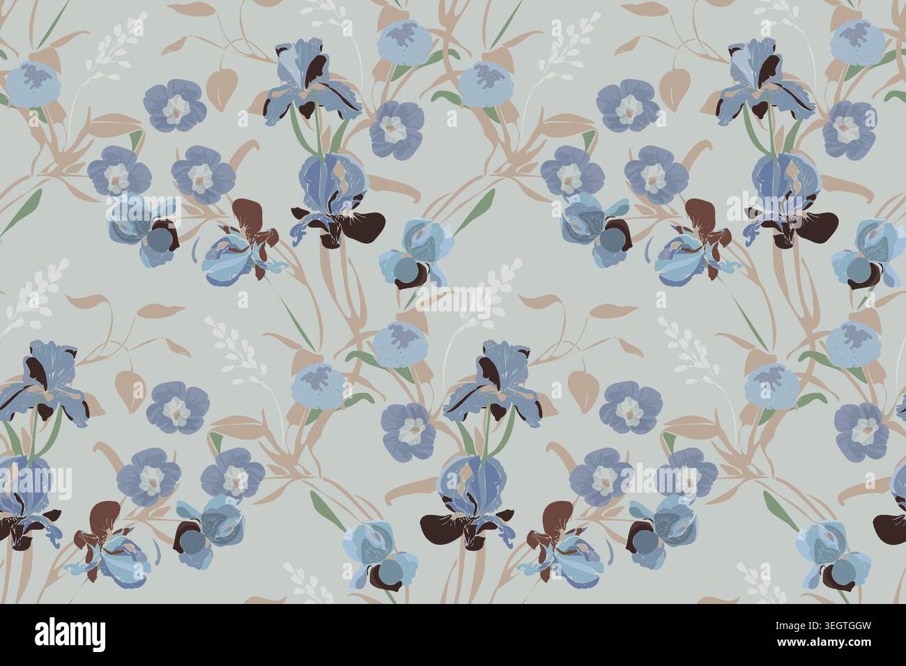 Vector floral seamless pattern with peonies and irises Stock Vector