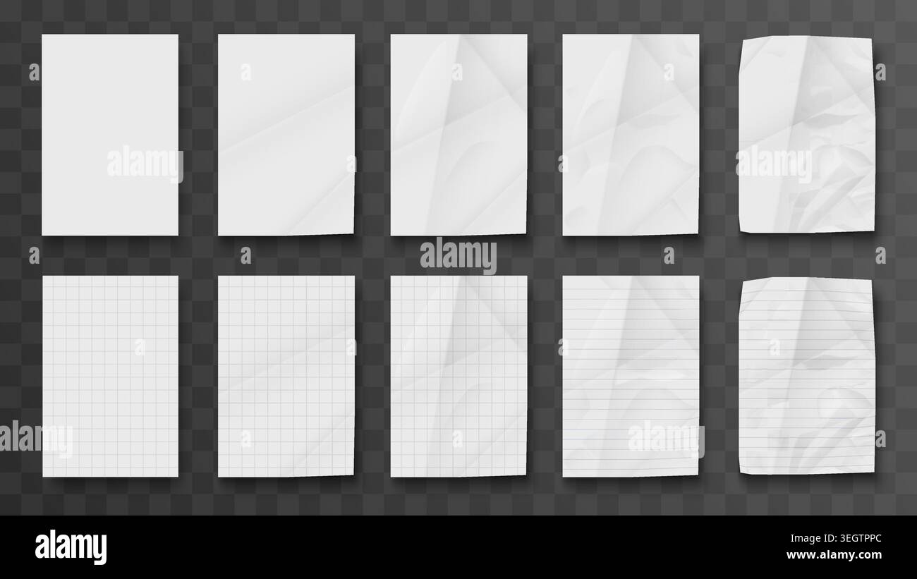 Collection of blank white paper sheets with wrinkle, fold and crease ...