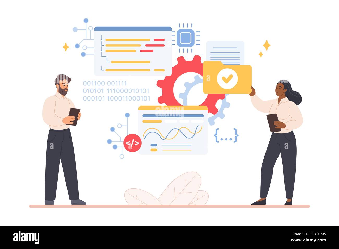 Team of IT developers analyzing big data, coding software and managing digital workflow with dashboards, binary code and gear icons, isolated on white background vector illustration Stock Vector