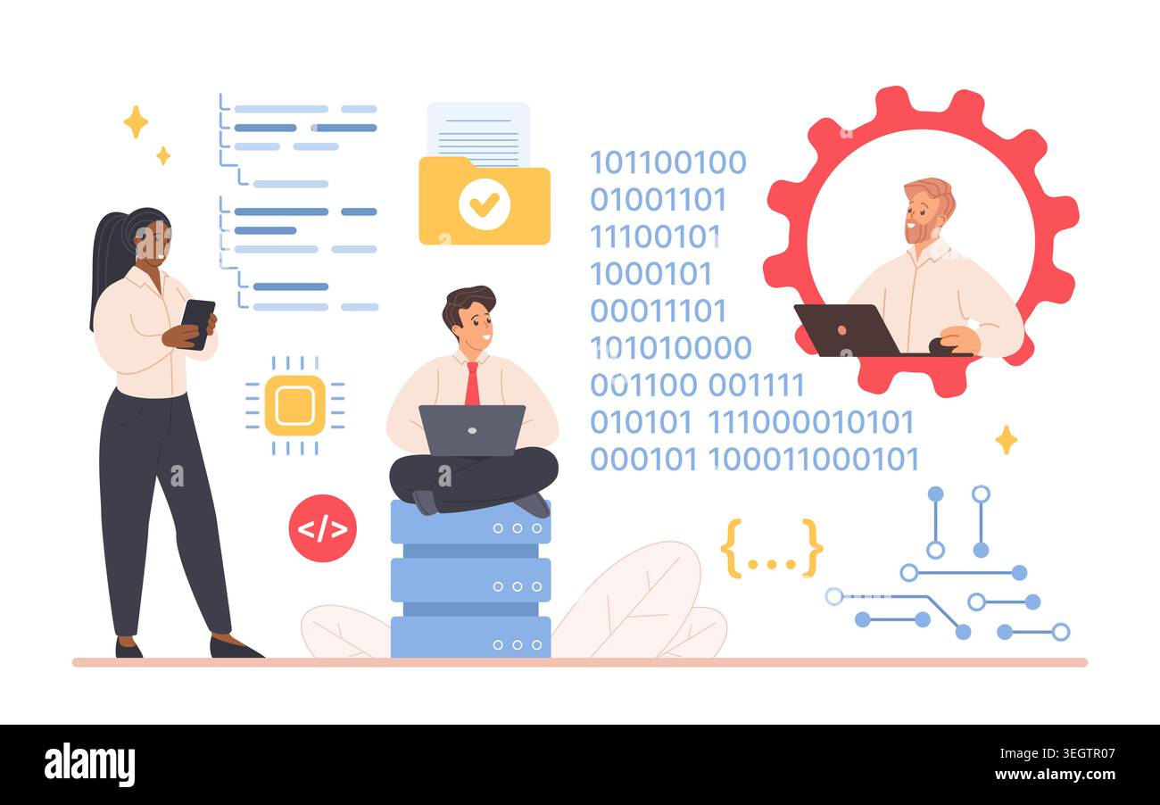 Team of IT developers coding, testing software and managing data on laptops with binary code, servers and UI elements, concept of teamwork in programming and development vector illustration Stock Vector