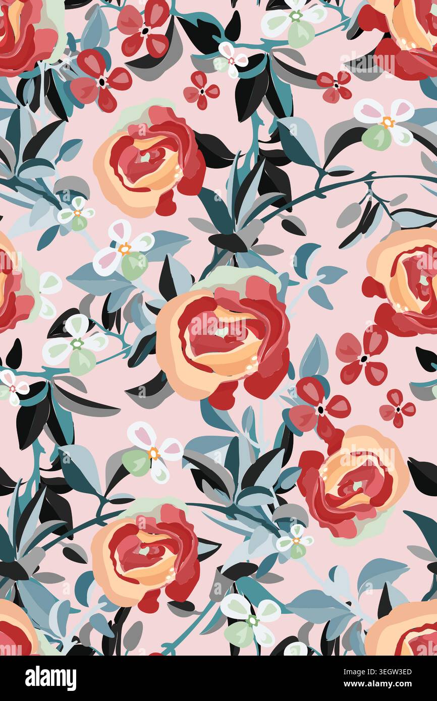 Vector floral vertical seamless pattern with roses Stock Vector