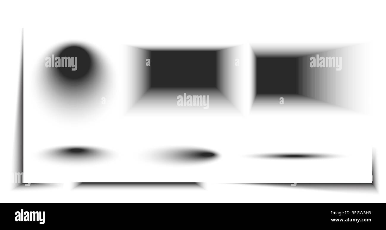 3d realistic shadow effects collection with soft blur overlay, abstract vector set isolated on white background. Mockup pack of drop shadows, circles, and gradient shapes for modern design Stock Vector