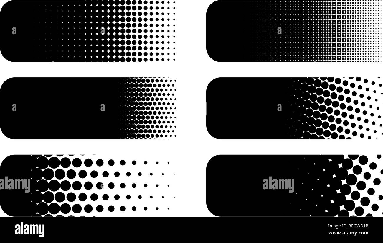 Six rounded rectangle black banners with geometric dot pattern fade isolated on white Stock Vector