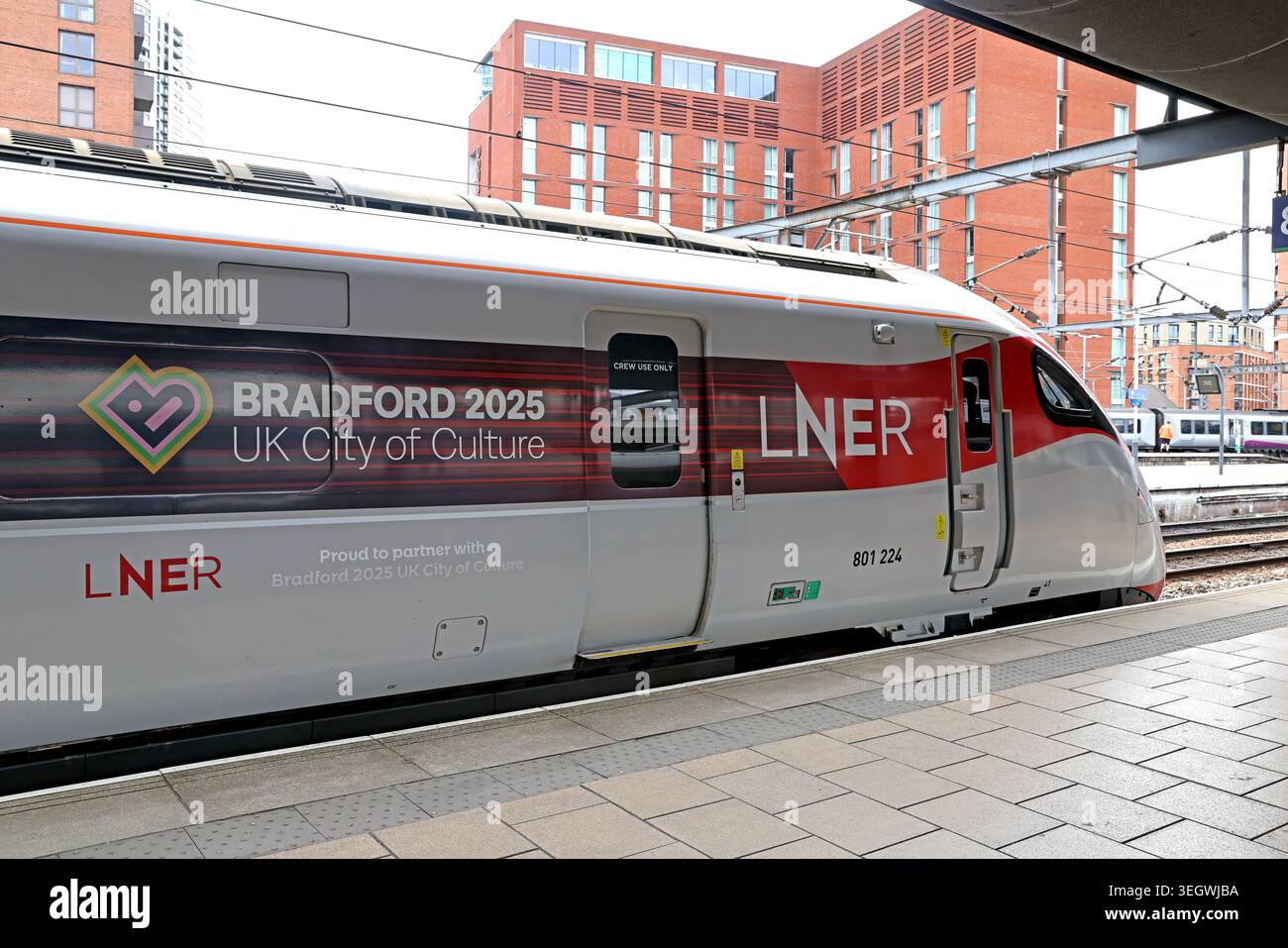 Bradford 2025 UK City of Culture branded LNER Azuma train at Leeds station, promoting rail travel and Yorkshire tourism. Stock Photo