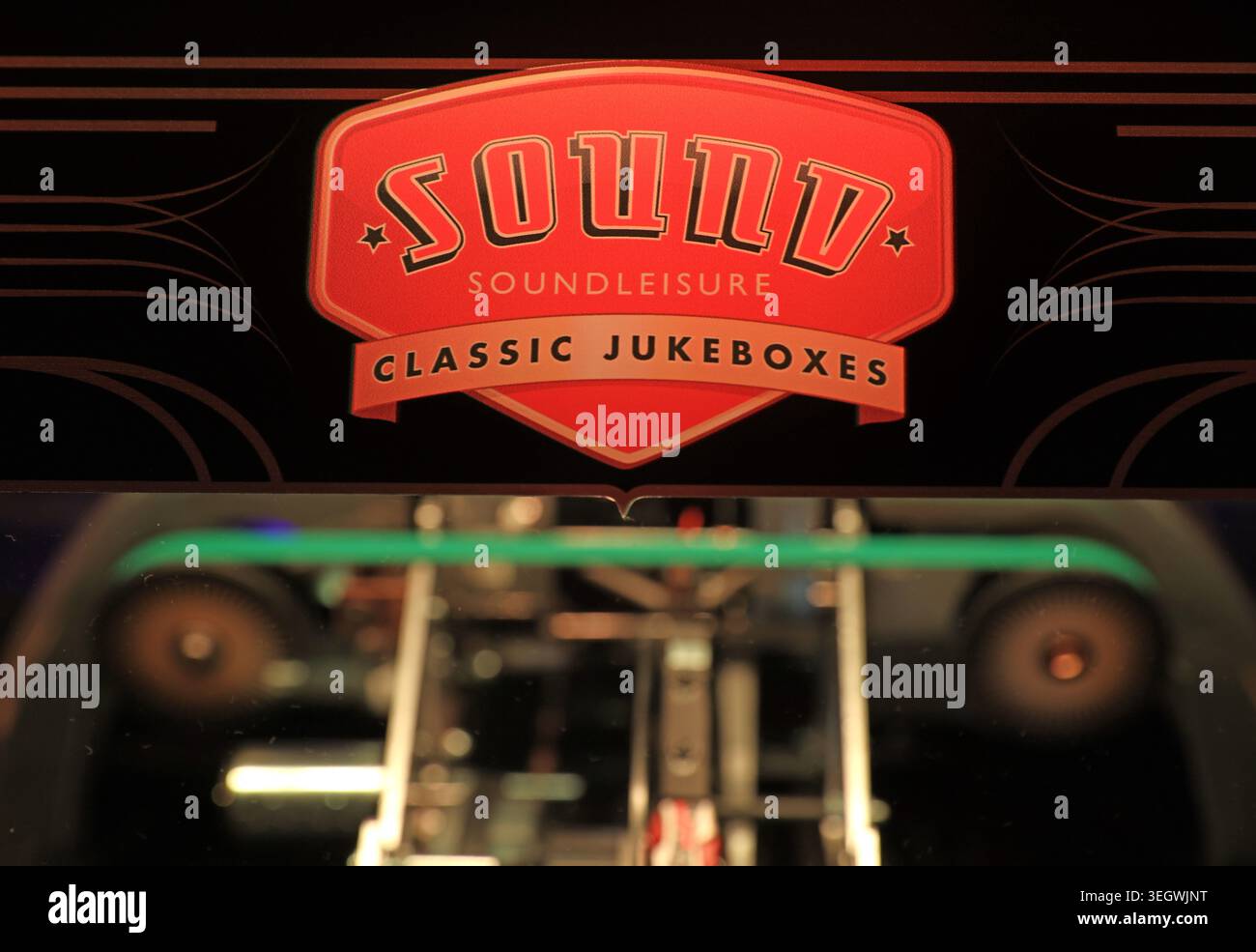 Sound Leisure Classic Jukeboxes branding and Soundliner mechanism in Leeds, West Yorkshire, England, UK. Stock Photo