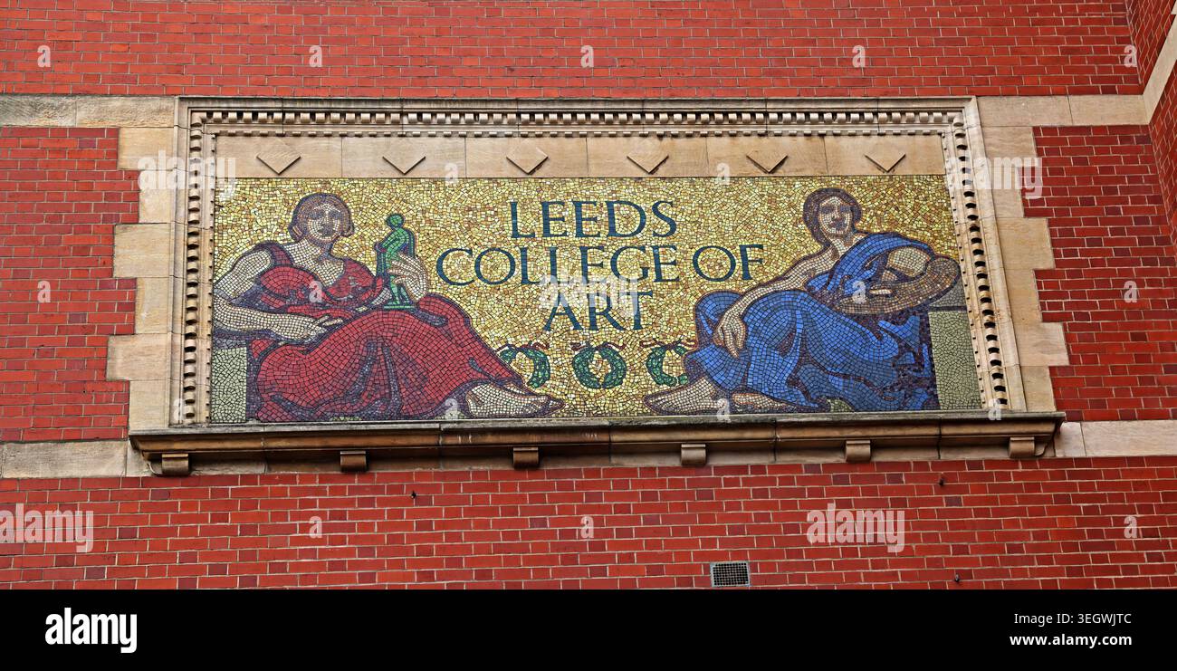 Leeds College of Art historic mosaic panel on a red-brick building in Leeds, West Yorkshire, England, UK. Stock Photo
