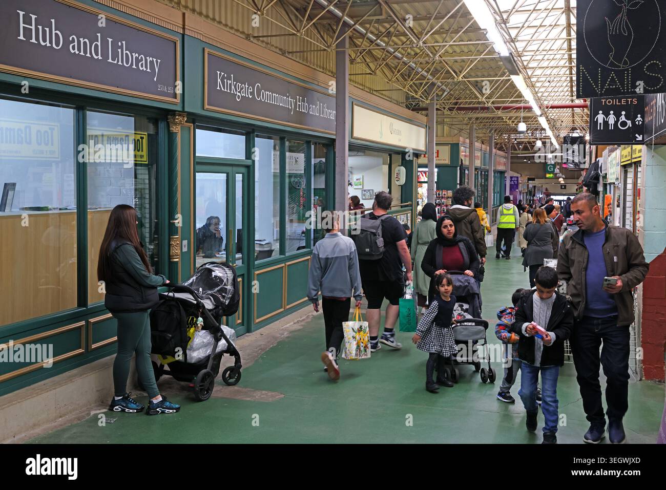 Kirkgate Hub and Library inside Leeds Kirkgate Market, Leeds, West Yorkshire, England, UK. Stock Photo