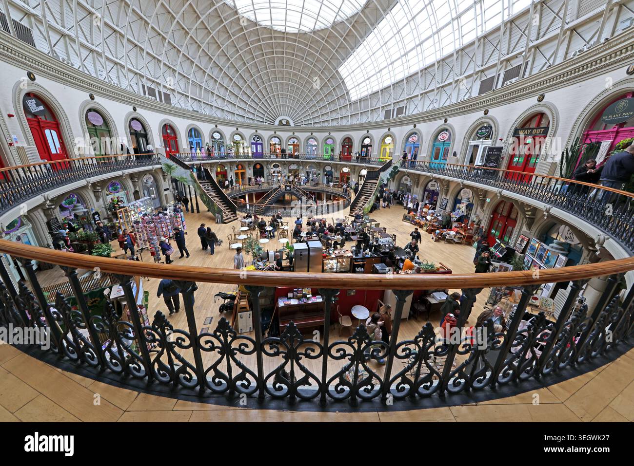 Leeds Corn Exchange interior in Leeds city centre, West Yorkshire, England, UK, showing upper-level panoramic interior. Stock Photo